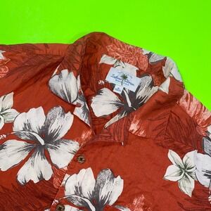 Island Shores Mens XL Washable Silk Hawaiian Shirt Orange Hibiscus Floral Print
